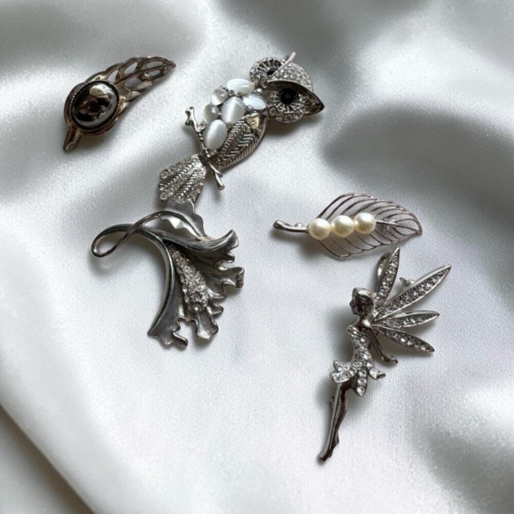 Vintage Silver Tone Fairy Owl Calla Lily Leaf Brooch Lot 5 Pc